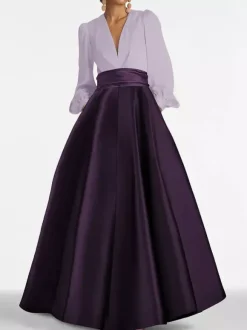 Robe de soirée col V manche longue jupe en satin au sol