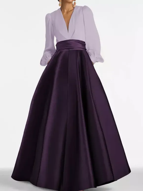 Robe de soirée col V manche longue jupe en satin au sol