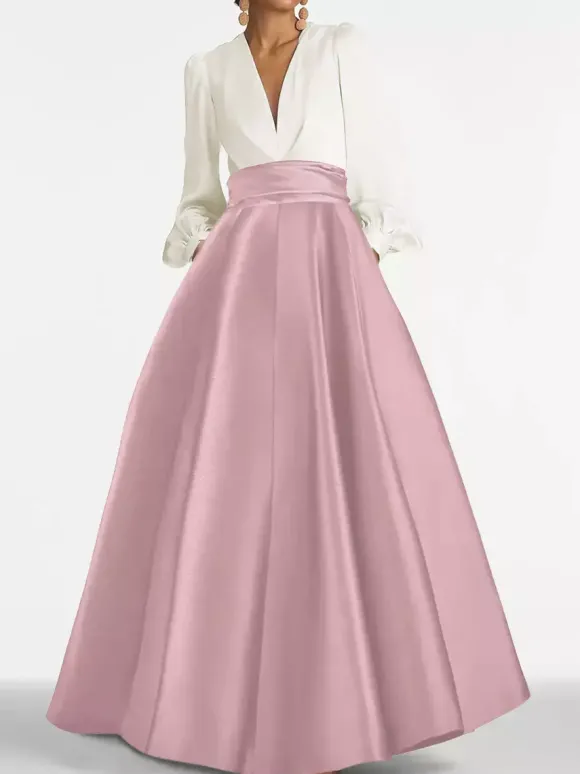 Robe de soirée col V manche longue jupe en satin au sol