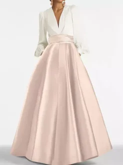 Robe de soirée col V manche longue jupe en satin au sol