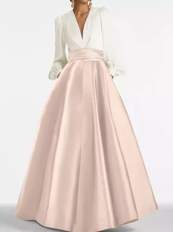 Robe de soirée col V manche longue jupe en satin au sol