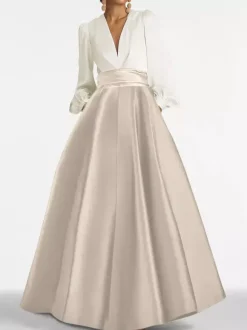 Robe de soirée col V manche longue jupe en satin au sol