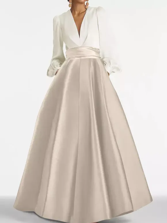 Robe de soirée col V manche longue jupe en satin au sol