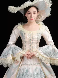 Robe De Soirée Costumes Rétro Vert Clair Dentelle Marie Antoinette Costume Polyester Imprimé Fleuri Chapeau Femmes Euro-style Tunique Déguisement Vintage