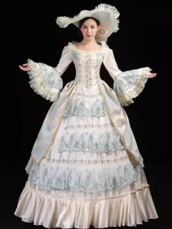 Robe De Soirée Costumes Rétro Vert Clair Dentelle Marie Antoinette Costume Polyester Imprimé Fleuri Chapeau Femmes Euro-style Tunique Déguisement Vintage