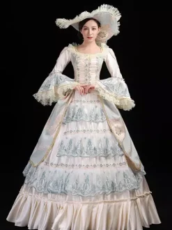 Robe De Soirée Costumes Rétro Vert Clair Dentelle Marie Antoinette Costume Polyester Imprimé Fleuri Chapeau Femmes Euro-style Tunique Déguisement Vintage