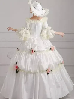 Robe De Soirée Costumes Rétro Blanc Écru Fleurs Robe En Polyester Tunique Vintage Femme Costume Marie Antoinette Déguisement Vintage