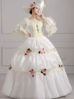 Robe De Soirée Costumes Rétro Blanc Écru Fleurs Robe En Polyester Tunique Vintage Femme Costume Marie Antoinette Déguisement Vintage