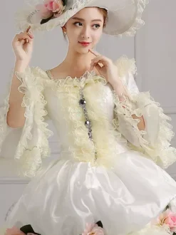 Robe De Soirée Costumes Rétro Blanc Écru Fleurs Robe En Polyester Tunique Vintage Femme Costume Marie Antoinette Déguisement Vintage