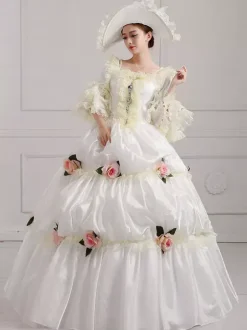 Robe De Soirée Costumes Rétro Blanc Écru Fleurs Robe En Polyester Tunique Vintage Femme Costume Marie Antoinette Déguisement Vintage
