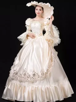 Robe De Soirée Costumes Rétro Blanc Écru Costume De Marie Antoinette Femme Dentelle Volants Polyester Tunique Robe Chapeau Vintage 18ème Siècle Déguisement