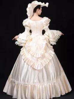 Robe De Soirée Costumes Rétro Blanc Écru Costume De Marie Antoinette Femme Dentelle Volants Polyester Tunique Robe Chapeau Vintage 18ème Siècle Déguisement