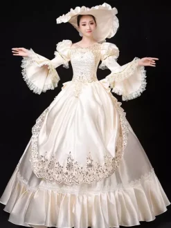 Robe De Soirée Costumes Rétro Blanc Écru Costume De Marie Antoinette Femme Dentelle Volants Polyester Tunique Robe Chapeau Vintage 18ème Siècle Déguisement