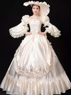 Robe De Soirée Costumes Rétro Blanc Écru Costume De Marie Antoinette Femme Dentelle Volants Polyester Tunique Robe Chapeau Vintage 18ème Siècle Déguisement