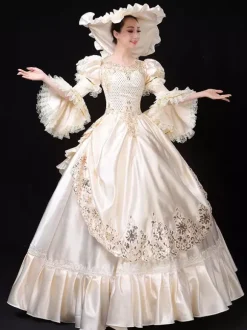 Robe De Soirée Costumes Rétro Blanc Écru Costume De Marie Antoinette Femme Dentelle Volants Polyester Tunique Robe Chapeau Vintage 18ème Siècle Déguisement