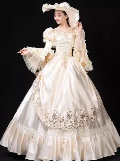 Robe De Soirée Costumes Rétro Blanc Écru Costume De Marie Antoinette Femme Dentelle Volants Polyester Tunique Robe Chapeau Vintage 18ème Siècle Déguisement