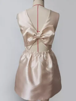 Robe de soirée courte en satin champagne sans manches avec n艙ud dans le dos 2026