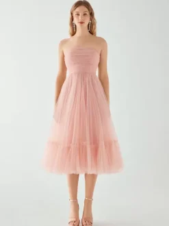 Robe de soirée courte sans bretelles longueur thé sans manches fermeture éclair plissée en Tulle robes de concours sociaux