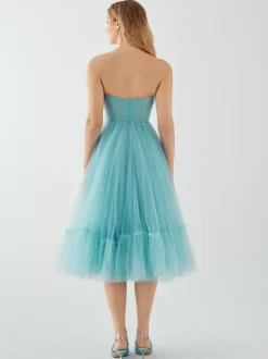 Robe de soirée courte sans bretelles longueur thé sans manches fermeture éclair plissée en Tulle robes de concours sociaux