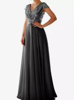 Robe de soirée écru blanc à col V et sequins manches courtes cintrées style chic semi-formel