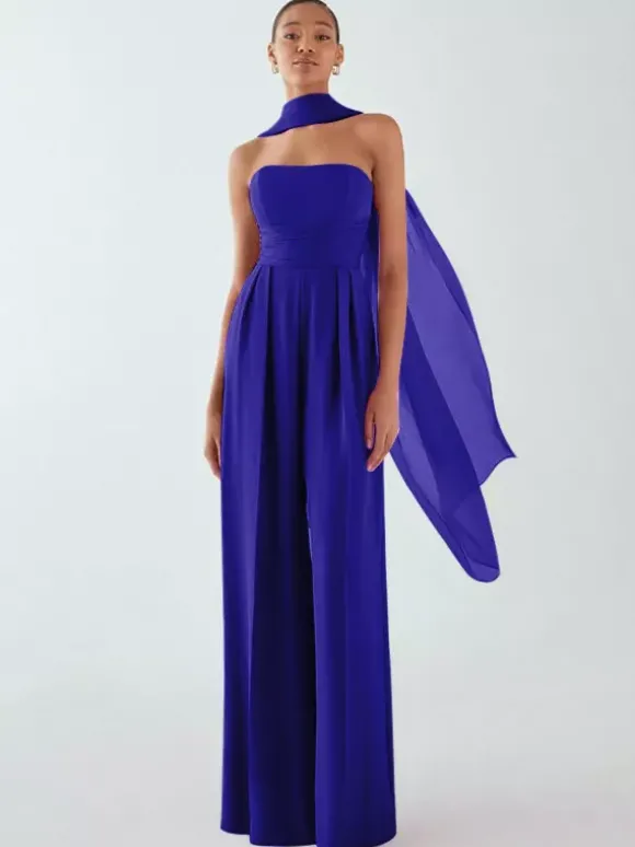 Robe de soirée en mousseline de soie plissée combinaison sans bretelles longueur au sol sans manches fermeture éclair robes de soirée formelles