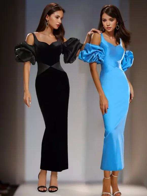 Robe de soirée en satin à col en c艙ur et manches courtes avec fermeture éclair
