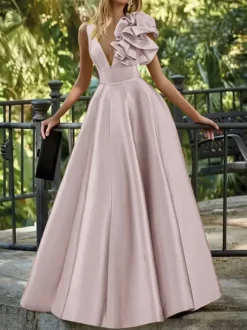 Robe de soirée en satin col en V longueur au sol sans manches fermeture éclair motif floral
