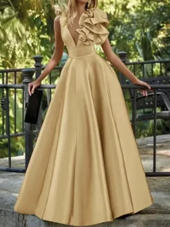 Robe de soirée en satin col en V longueur au sol sans manches fermeture éclair motif floral