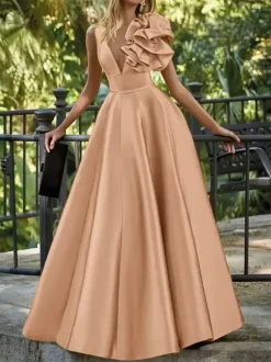 Robe de soirée en satin col en V longueur au sol sans manches fermeture éclair motif floral