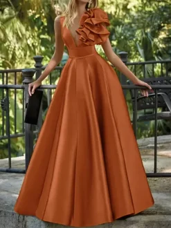 Robe de soirée en satin col en V longueur au sol sans manches fermeture éclair motif floral