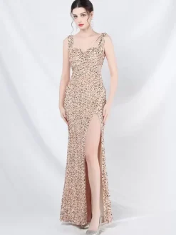 Robe De Soirée Femme Col En C艙ur Fendue À Bretelle À Lacet Paillettes Robe Semi-Formelle