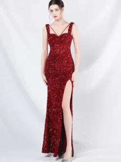 Robe De Soirée Femme Col En C艙ur Fendue À Bretelle À Lacet Paillettes Robe Semi-Formelle