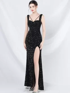 Robe De Soirée Femme Col En C艙ur Fendue À Bretelle À Lacet Paillettes Robe Semi-Formelle