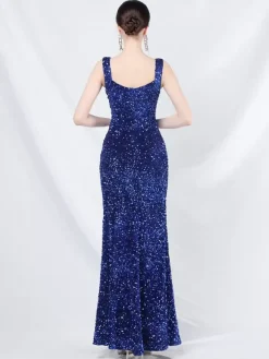 Robe De Soirée Femme Col En C艙ur Fendue À Bretelle À Lacet Paillettes Robe Semi-Formelle