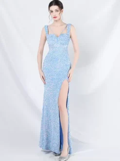 Robe De Soirée Femme Col En C艙ur Fendue À Bretelle À Lacet Paillettes Robe Semi-Formelle
