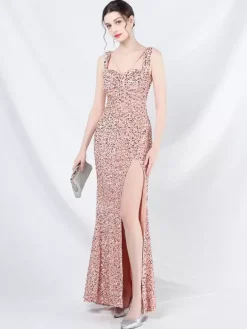 Robe De Soirée Femme Col En C艙ur Fendue À Bretelle À Lacet Paillettes Robe Semi-Formelle
