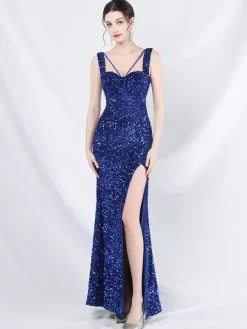 Robe De Soirée Femme Col En C艙ur Fendue À Bretelle À Lacet Paillettes Robe Semi-Formelle