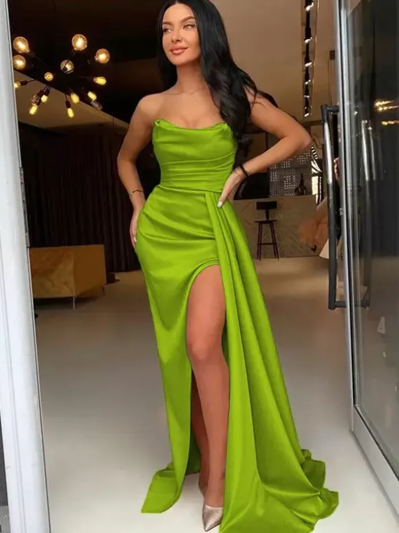 Robe de soirée fourreau en Satin tissé élastique col bateau avec traîne fendue sur le devant robes de soirée formelles