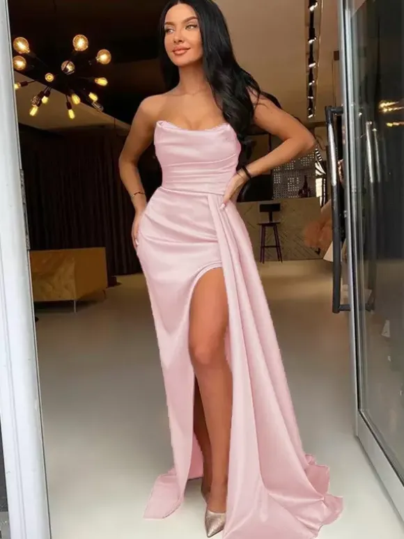 Robe de soirée fourreau en Satin tissé élastique col bateau avec traîne fendue sur le devant robes de soirée formelles