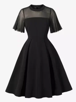 Robe de soirée élégante à manches transparentes et col rond ornée de patchwork en maille collection 2026