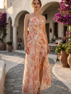Robe de soirée élégante maxi asymétrique plissée à volants sans manches à imprimé floral et dos nu