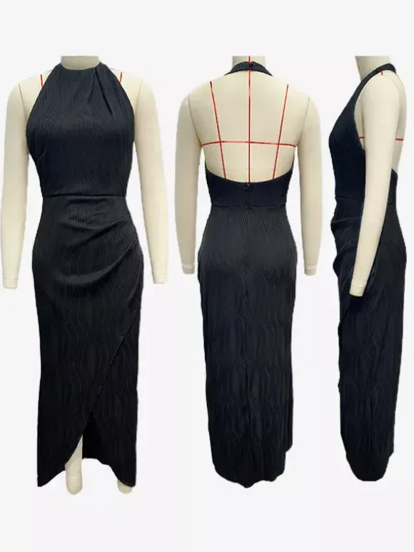 Robe de soirée longue à col licou et fente haute pour femme 2026