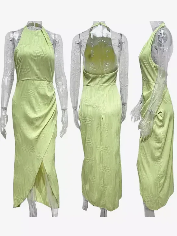 Robe de soirée longue à col licou et fente haute pour femme 2026