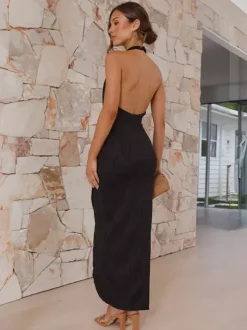 Robe de soirée longue à col licou et fente haute pour femme 2026