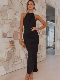 Robe de soirée longue à col licou et fente haute pour femme 2026
