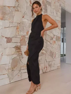 Robe de soirée longue à col licou et fente haute pour femme 2026