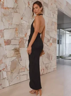 Robe de soirée longue à col licou et fente haute pour femme 2026