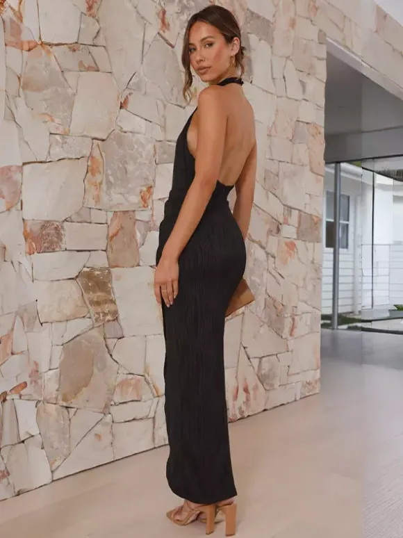 Robe de soirée longue à col licou et fente haute pour femme 2026