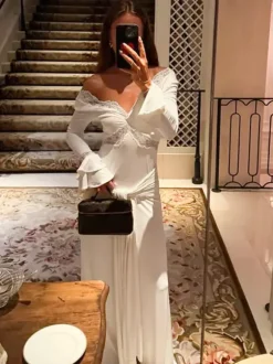 Robe de soirée longue à épaules dénudées bordure en dentelle manches évasées décolleté plongeant robe sirène moulante