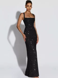Robe de soirée longue à sequins scintillants pour femme - Col carré coupe ajustée dos lacé robe sirène moulante - Gala d'été 2026